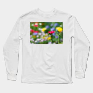 Red flower against colorful floral meadow Long Sleeve T-Shirt